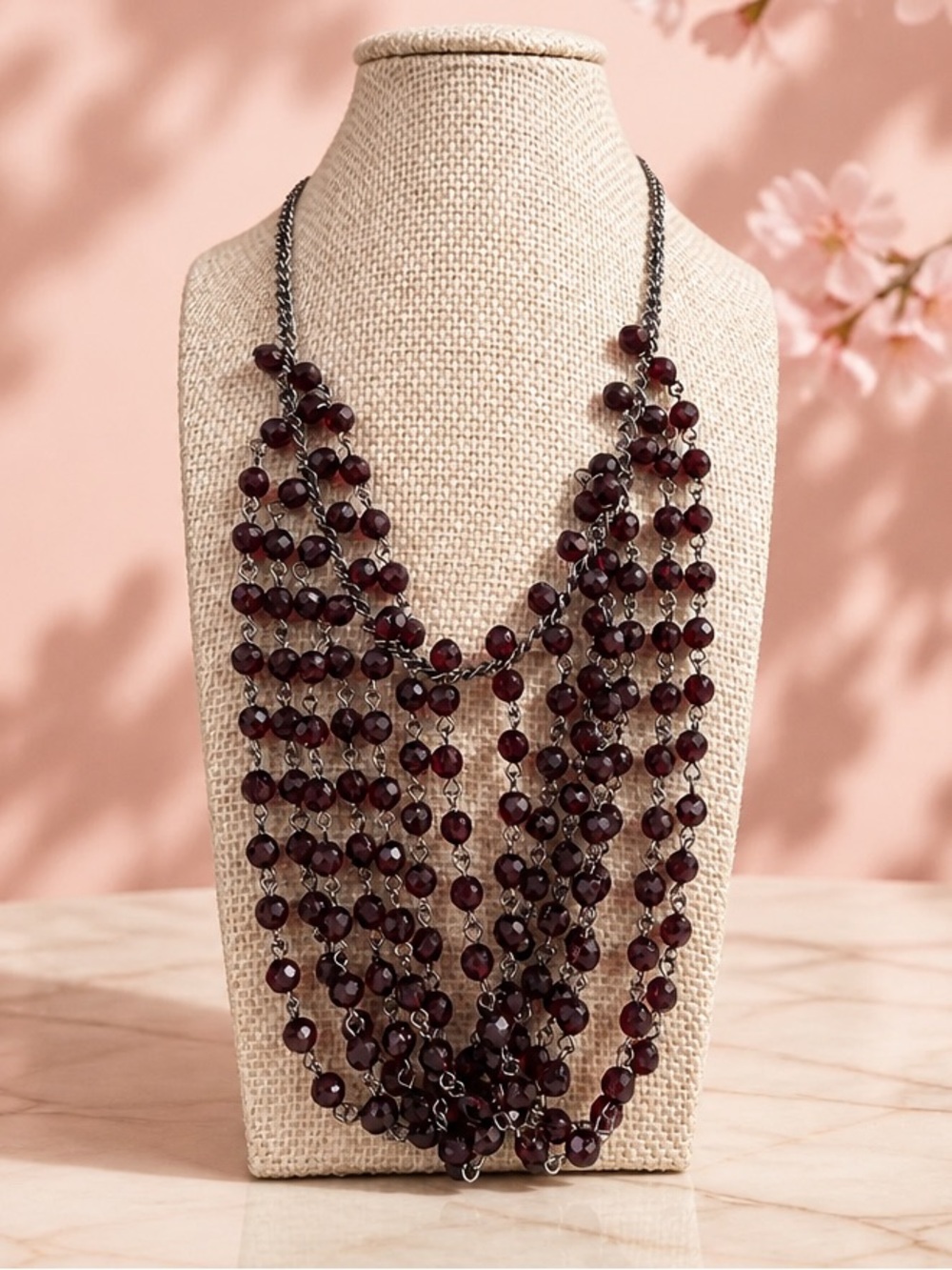 Premier Designs Beaded Statement Necklace in Red & Purple Like New